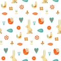 Folk art seamless pattern with rabbit, bird and decorative elements.