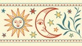 Folk Art Sun and Moon Celestial Border, vector design Generative AI Royalty Free Stock Photo