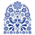 Folk art vector ornament with birds and flowers, Scandinavian navy blue floral pattern Royalty Free Stock Photo