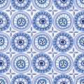 Folk Blue Circle Mosaic on White Background Vector Seamless Pattern. Delft hand-drawn geometric print.