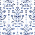 Folk Blue Flowers on White Background Vector Seamless Pattern. Delft Florals. Hand-drawn doodle monochrome flora.