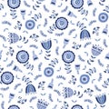 Folk Blue Flowers on White Background Vector Seamless Pattern. Delft Florals. Hand-drawn doodle monochrome flora.