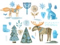 Folk Christmas animals clipart Watercolor illustration of a Nordic winter elements collection