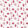 Folk Christmas toys seamless pattern in Viva Magenta color. Hand drawn stars, bird, candle for New Year and Christmas