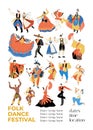 Folk dance festival poster with collection of people in traditional costumes from different countries. Ethnic and cultural Royalty Free Stock Photo