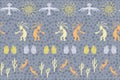 Folk, design with gecko, Kokopelli fertility god, sun, bird, cacti.