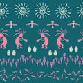 Folk, design with gecko, Kokopelli fertility god, sun, bird, cacti.