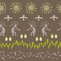 Folk, design with lizard, Kokopelli fertility deity, sun, eagle, cacti. Royalty Free Stock Photo