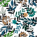 Folk floral endless wallpaper. Modern leaves and little flowers seamless pattern Royalty Free Stock Photo