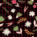 Folk floral seamless pattern on stripes background. Modern cute forest little flowers and leaves Royalty Free Stock Photo