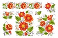 Folk flowers. Spring floral ornaments, red and green bright vintage tropical design, exotic garden summer art, stylized