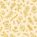 Folk flowers vintage raster seamless pattern. Ethnic floral motif beige hand drawn background. Contour golden