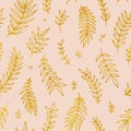 Folk flowers vintage raster seamless pattern. Ethnic floral motif pink hand drawn background. Contour golden