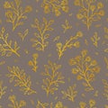 Folk flowers vintage raster seamless pattern. Ethnic floral motif brown hand drawn background. Contour golden