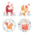 Folk forest vector animals flowers Scandinavian floral