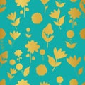 Folk gold flowers on acqua background seameless repeat.