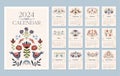 Folk hygge style calendar 2024, whole year calendar printable template A4 format with folklore nordic motif with flowers