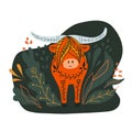 Folk illustration of a bull with foliage and stems. Horned buffalo front view with tribal pattern. Vector flat drawing