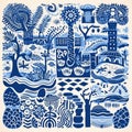 Folk-inspired Blue City And Tree Tile Design With Ecological And Tropical Symbolism