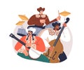 Folk Latin music band playing instruments. Musicians trio performing on bango, contrabass, drums. Men group in cowboy