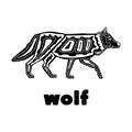 Folk monochrome wolf isolated on a white background . Vector illustration hand drawn in the Scandinavian style and