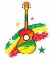 folk music fiesta acoustic guitar with grunge paint pattern against three color grunge swipe stylised icon music festival logo