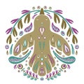 Folk ornamet with flying bird. Round doodle template for t-shirt, poster. Color floral symmetric illustration. Scandinavian or