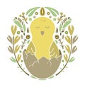 Folk ornamet with hatched chick. Round doodle template for t-shirt, poster, card, banner. Color floral illustration. Cute