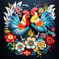 Folk pattern based on traditional Polish folk art. Colorful flowers and two roosters on black background. Square frame Royalty Free Stock Photo