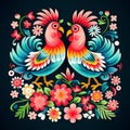 Folk pattern based on traditional Polish folk art. Colorful flowers and two roosters on black background. Square frame Royalty Free Stock Photo