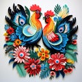 Folk pattern based on traditional Polish folk art. Colorful flowers and two roosters on white background. Square frame Royalty Free Stock Photo