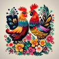 Folk pattern based on traditional Polish folk art. Colorful flowers and two roosters on white background. Square frame Royalty Free Stock Photo