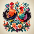 Folk pattern based on traditional Polish folk art. Colorful flowers and two roosters on white background. Square frame Royalty Free Stock Photo