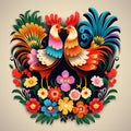 Folk pattern based on traditional Polish folk art. Colorful flowers and two roosters on white background. Square frame Royalty Free Stock Photo