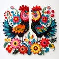 Folk pattern based on traditional Polish folk art. Colorful flowers and two roosters on white background. Square frame Royalty Free Stock Photo