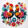 Folk pattern based on traditional Polish folk art. Colorful flowers and two roosters on white background. Square frame Royalty Free Stock Photo