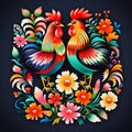 Folk pattern based on traditional Polish folk art. Colorful flowers and two roosters on black background. Square frame Royalty Free Stock Photo