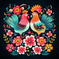 Folk pattern based on traditional Polish folk art. Colorful flowers and two roosters on black background. Square frame Royalty Free Stock Photo