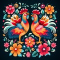 Folk pattern based on traditional Polish folk art. Colorful flowers and two roosters on black background. Square frame Royalty Free Stock Photo