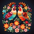 Folk pattern based on traditional Polish folk art. Colorful flowers and two roosters on black background. Square frame Royalty Free Stock Photo