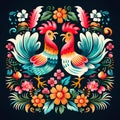 Folk pattern based on traditional Polish folk art. Colorful flowers and two roosters on black background. Square frame Royalty Free Stock Photo