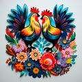 Folk pattern based on traditional Polish folk art. Colorful flowers and two roosters on white background. Square frame Royalty Free Stock Photo