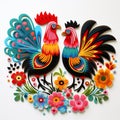 Folk pattern based on traditional Polish folk art. Colorful flowers and two roosters on white background. Square frame Royalty Free Stock Photo