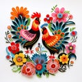 Folk pattern based on traditional Polish folk art. Colorful flowers and two roosters on white background. Square frame Royalty Free Stock Photo