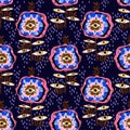 Folk psychedelic flash style rose plant flower with many eyes in tears seamless pattern Royalty Free Stock Photo
