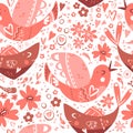 Folk romantic ornament with flower, fish and bird. Seamless pattern, vector illustration.