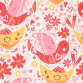 Folk romantic ornament with flower, fish and bird. Seamless pattern, vector illustration.