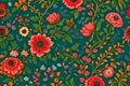 Folk seamless vector floral pattern. Endless print design background with Many colorfu spring flowers on dark blue background illu Royalty Free Stock Photo