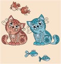 Folk-style cats with birds and fish