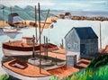 Fisherman Boats and Shacks in Harbor Oil Painting